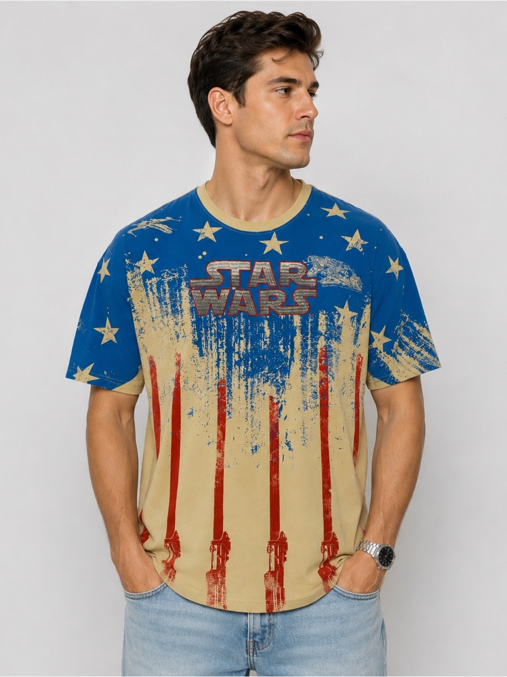Star Wars Men’s Embroidered Blue, Tan & Red Distressed Flag Graphic Tee